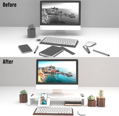 OImaster Adjustable Monitor Stand Riser with Drawer - Foldable Computer Stand for Desk, Desktop Organizer with Phone Holder & Pen Slot, Space Saving Laptop Riser for Home Office, Black