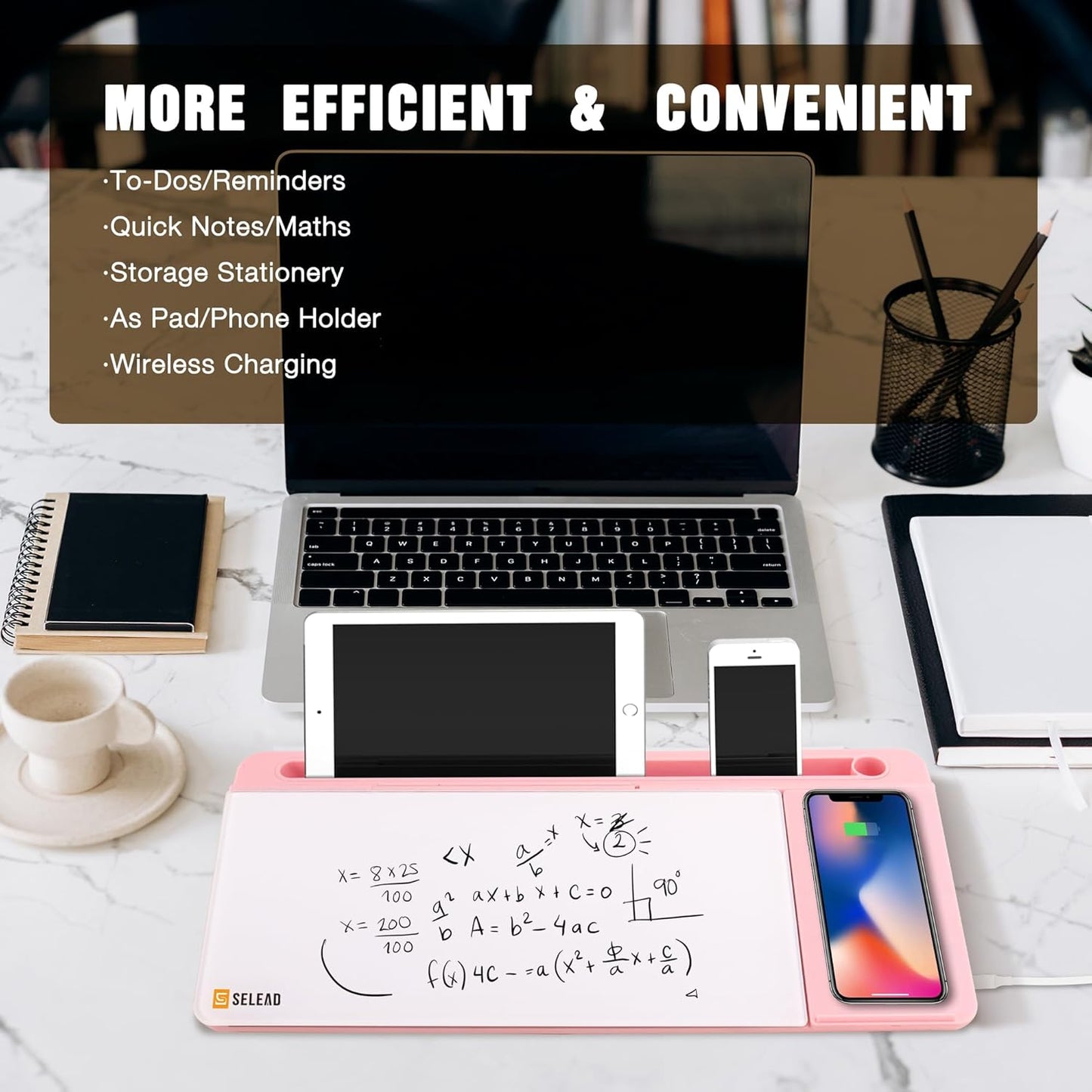 SELEAD Desktop Glass Whiteboard with Wireless Charger Station, Dry Erase Board Computer Pad Keyboard Stand with Organizer for Home, School, Office Desk Accessories, Black