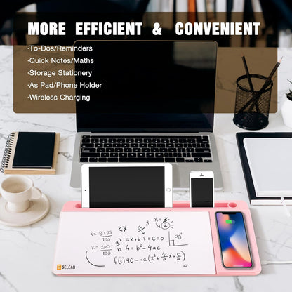SELEAD Desktop Glass Whiteboard with Wireless Charger Station, Dry Erase Board Computer Pad Keyboard Stand with Organizer for Home, School, Office Desk Accessories, Black