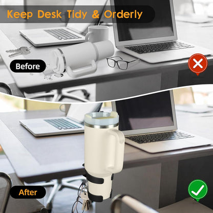 Desk Cup Holder, 2-in-1 Cup Holder for Desk Compatible with Stanley,Sinple Midern, Hydroflask, Owala, Adjustable Anti-Spill Tumbler Organizer with Hook for Home Office and School