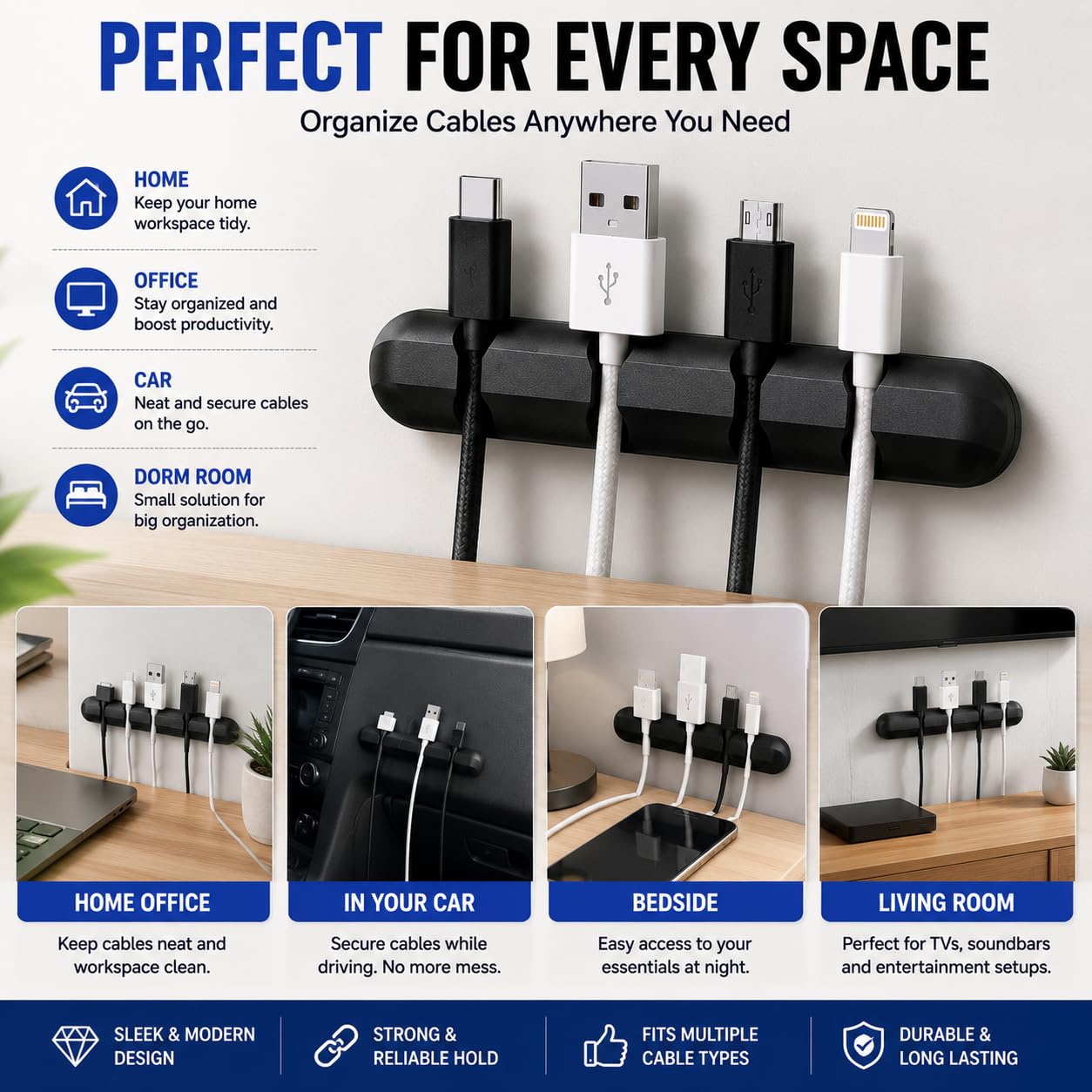 Cable Organizer Clips 2 Pack, Silicone Cord Holder for Desk, Strong Adhesive Cable Organizer for USB Charging Cables, Home Office & Car Wire Management (Black)