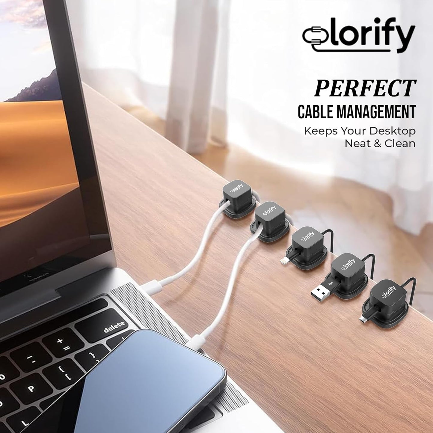 8 Pack Spring Cord Holder Clips [360° Rotatable, 1-Hand Use] — Adhesive Cable Clips for Nightstand, Desk, Wall & Kitchen | Phone Charger Cord Holder | No-Residue | Fits 2.5–8mm Cables