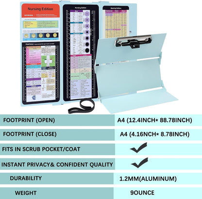 Foldable Nursing Clipboard with Storage - Portable & Compact Medical Clipboard for Nurses, Doctors, and Students - Includes Medical Reference Cheat Sheets and Pen Holder(Purple)