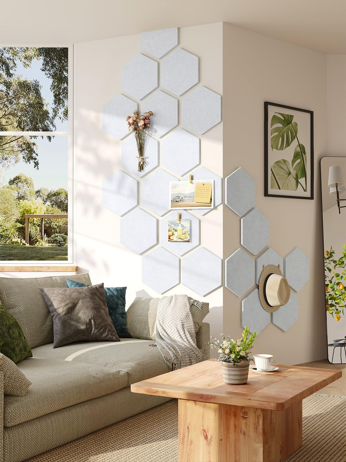 8 Pack Hexagon Felt Bulletin Board Tiles - 12" Large Thick Pin Board for Walls with 30 Push Pins, DIY Boards for Office Home School Decor, Aesthetic Hex Cork Board Alternative