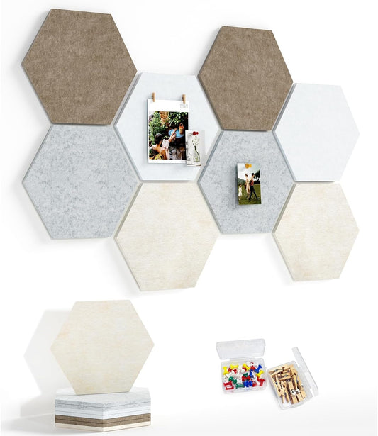 8 Pack Hexagon Felt Bulletin Board Tiles - 12" Large Thick Pin Board for Walls with 30 Push Pins, DIY Boards for Office Home School Decor, Aesthetic Hex Cork Board Alternative