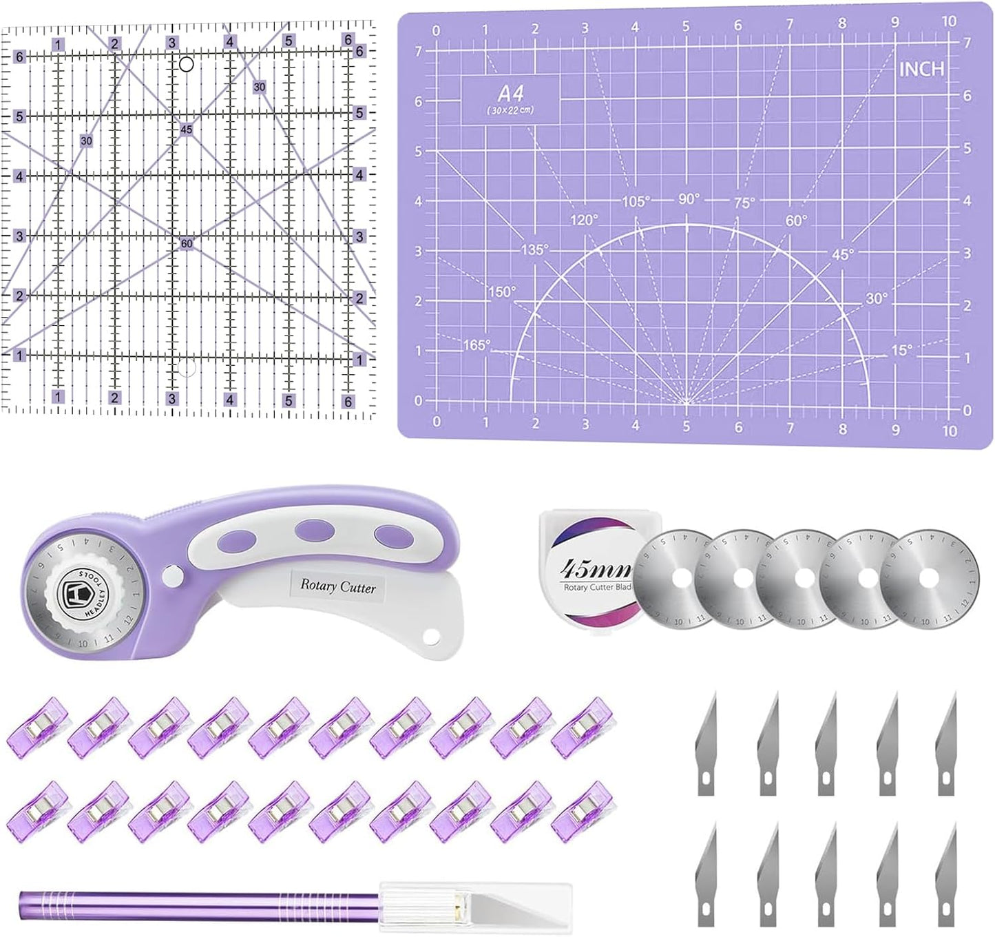 Headley Tools Rotary Cutter Set - 45mm Fabric Cutter, 5 Extra Rotary Blades, A3 Cutting Mat, Quilting Ruler and Sewing Clips, Craft Knife Set, Ideal for Crafting, Sewing, Patchworking, Purple