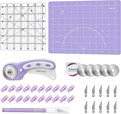 Headley Tools Rotary Cutter Set - 45mm Fabric Cutter, 5 Extra Rotary Blades, A3 Cutting Mat, Quilting Ruler and Sewing Clips, Craft Knife Set, Ideal for Crafting, Sewing, Patchworking, Purple