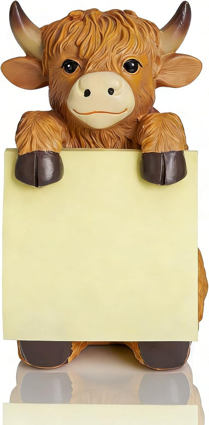 Highland Cow Pop-up Sticky Note Dispenser, Includes 1 Pad of 3x3 in Super Sticky Notes, 100 Sheets, Resin Cute Handmade Desk Holder for Office & Home-Beige