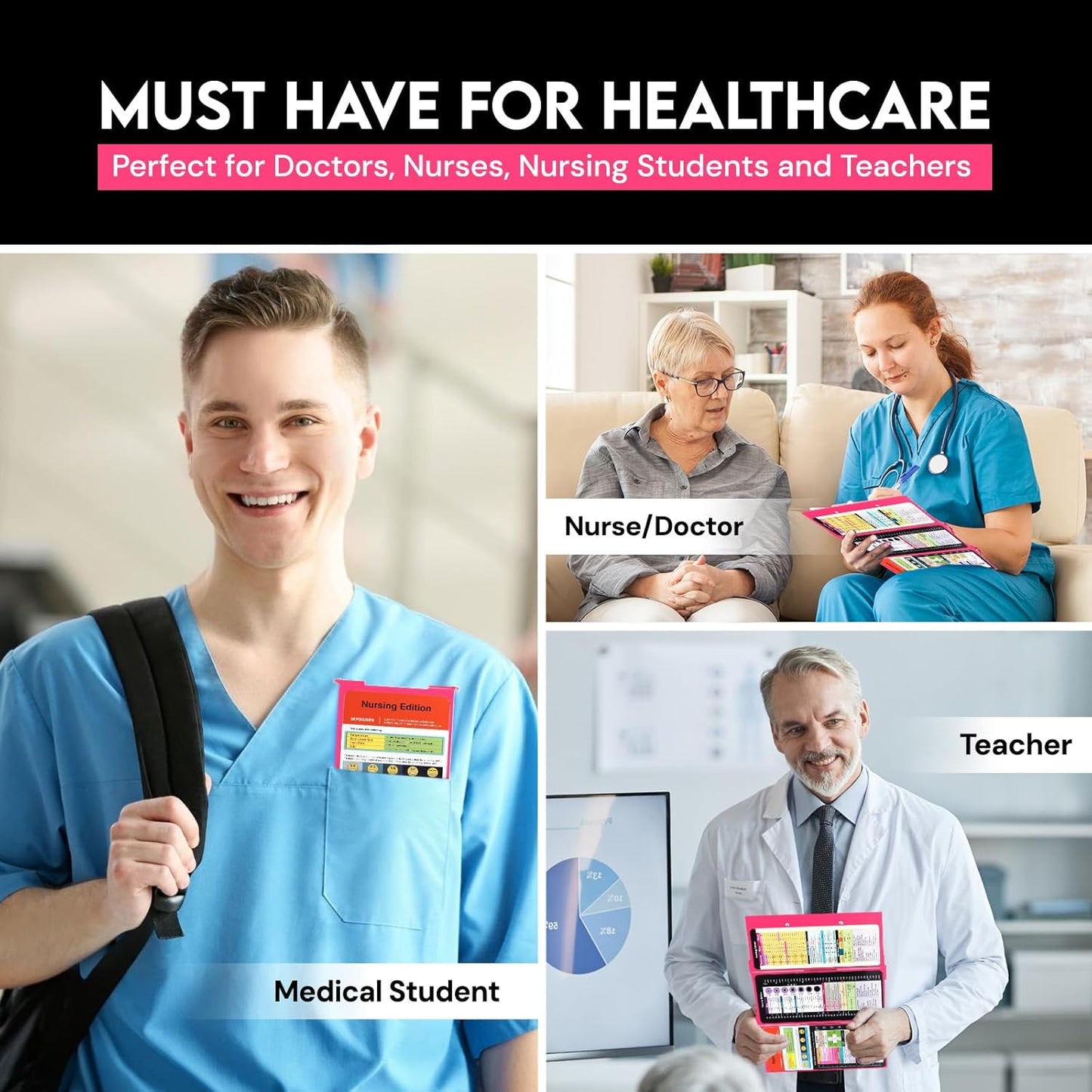 Nursing Clipboard Foldable with Medical Edition Cheat Sheets, 3 Layers Aluminum Foldable Clipboard for Nursing, Notepad for Students, Nursing School Essentials (Black)