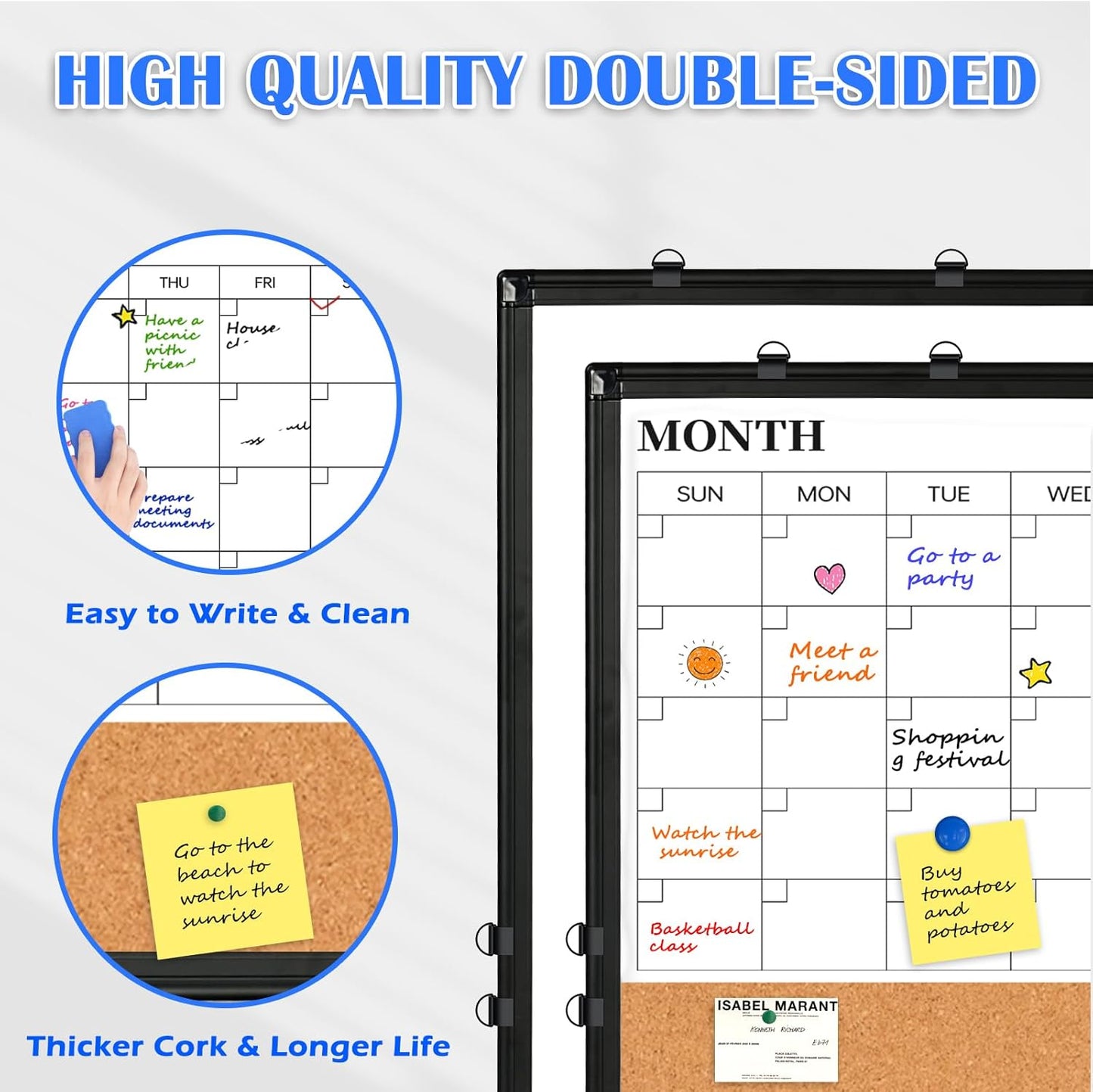 Weekly Dry Erase Calendar Whiteboard for Wall, 24" x 18" Double-Sided Weekly Planner White Board Cork Combo, Hanging & Wall Mount Week Bulletin Board with Notes for Home, Office, School, Kitchen