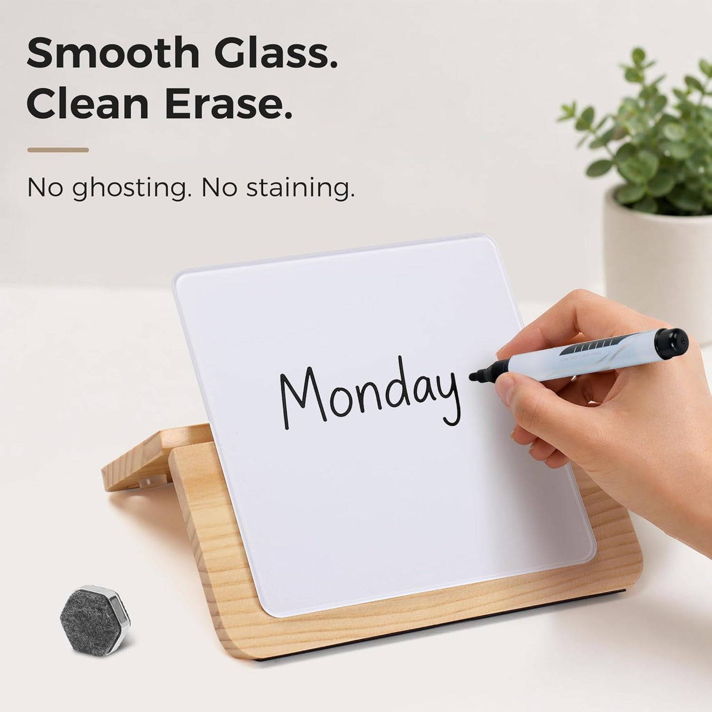 Magnetic Glass Desktop Whiteboard with Solid Wood Stand, Adjustable Foldable Mini Dry Erase Board, 2-in-1 Tabletop & Hanging Glassboard with Rustic Rope, Reusable Home Office School, Black and Square