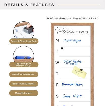 MCS Dry Erase Weekly Planner 11x24 Walnut Framed Calander Whiteboard for Wall, Plan Your Week with Family Weekly Planner for Dinners, Sports, Events & More