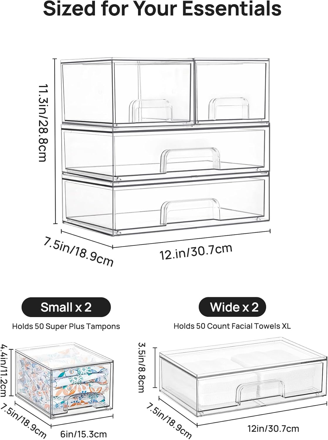 Vtopmart Stackable Storage Drawers Set of 3,Clear Plastic Organizer Bins for Makeup, Cosmetics, Beauty Supplies,Ideal for Vanity, Bathroom,Cabinet,Pantry Organization