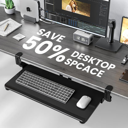 Keyboard Tray Under Desk, Pull Out Keyboard & Mouse Tray with Adjustable C-clamp, 25.6(31.5 Including Clamps) x 11.8 Inch Slide Out Computer Keyboard Drawer Mouse Tray for Typing,White