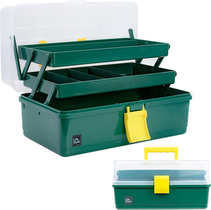 Creahaus 13 inch Art Craft Organizer Storage Box with 3 Layer, Multipurpose Plastic Tool Box with Handle for Sewing, Art Supply, Medicine, Nail, Hair Accessories (Yellow)