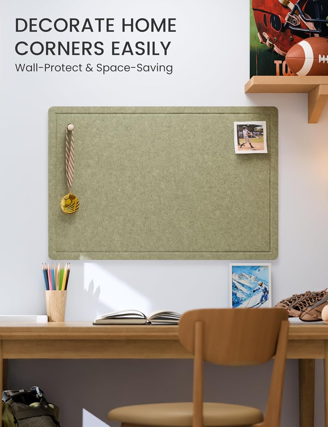 Fluxynara Bulletin Board, 23.6" x 17.5" Cork Board Alternative with 12 Safe Removable Adhesive Tabs, Foldable Felt Pin Board for Home Office, Classroom, Bedroom,Entryway for Walls—Sage