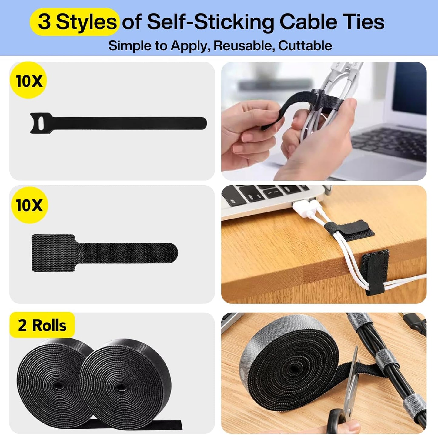 [313Pcs] Cable Management Kit, 67 Adhesive Cable Clips, Topavatop Desk Cord Organizer, 22 Reusable Cable Strap, 4 Cable Sleeve Split, 200 Nylon Cable Zip Ties with 20 Mounts for TV Office Home, White