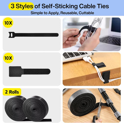 [313Pcs] Cable Management Kit, 67 Adhesive Cable Clips, Topavatop Desk Cord Organizer, 22 Reusable Cable Strap, 4 Cable Sleeve Split, 200 Nylon Cable Zip Ties with 20 Mounts for TV Office Home, White