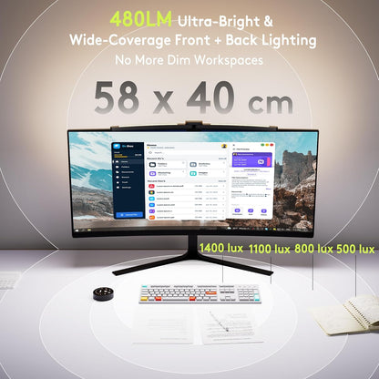 Quntis Curved Monitor Light Bar with Soft Backlight, Dual Curve-Matching Pivoting Arms for 1000R–3000R 34" Ultrawide Screens, 1400 Lux CRI 98 Eye Care Desk Light, Auto-Dimming & Remote for Home Office