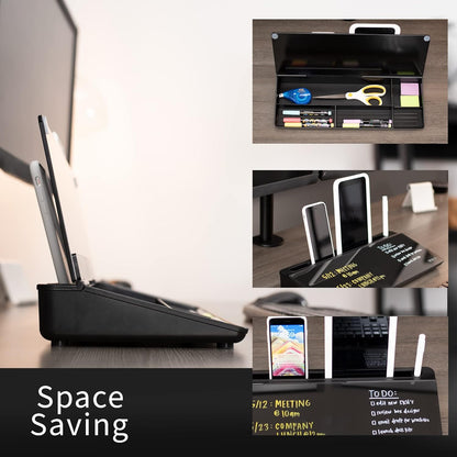 Vivo Glass 16 x 7 inch Dry Erase Board with Storage, Desktop Whiteboard Organizer with Hidden Compartments and Device Slot, Black, DESK-WB16B
