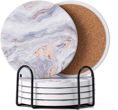 6Pcs Drink Coasters with Holder, Marble Style Ceramic Drink Coaster, Absorbent Coasters Set Suitable for Kinds of Cups, Modern Style Coaster for Coffee Table, 4 Inches