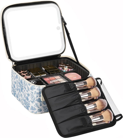 Relavel Travel Makeup Bag With LED Mirror, Cosmetic Train Case with Light up Mirror, Portable Makeup Artist Organizer Bag with Adjustable Dividers, Makeup Brush Holder Storage, Black