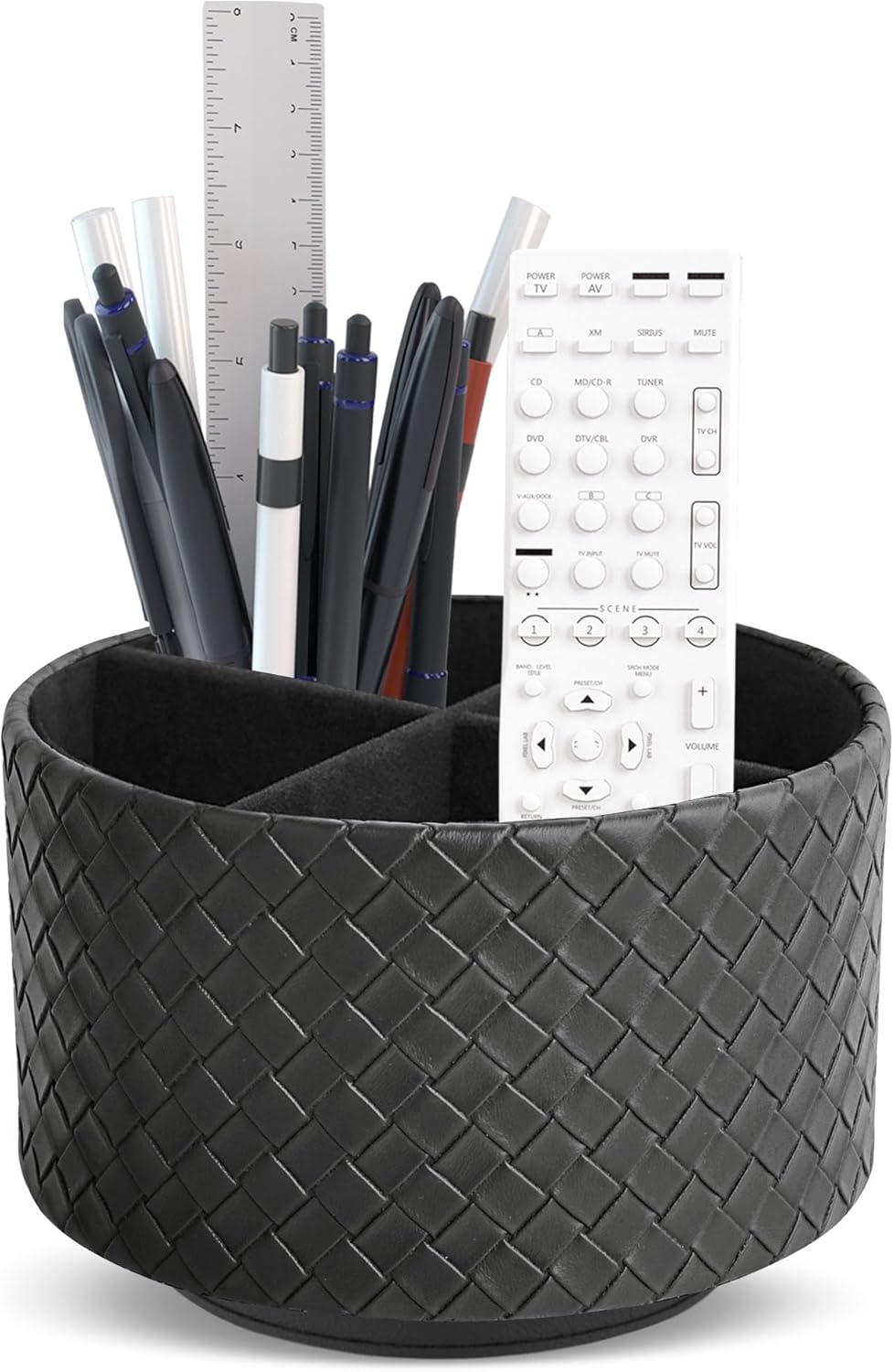 Round Leather Art Supply Organizer,Remote Control Holder,360 Degree Rotating,Multi-Functional Pencil Holder,4 Compartments Desktop Stationary Organizer(1-Fractal Flower) | Round - Colors A