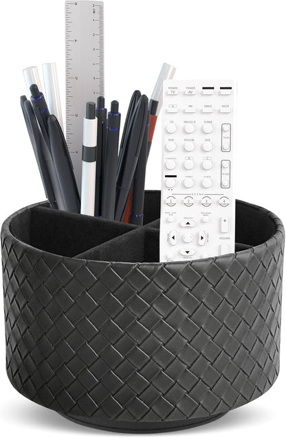 Round Leather Art Supply Organizer,Remote Control Holder,360 Degree Rotating,Multi-Functional Pencil Holder,4 Compartments Desktop Stationary Organizer(1-Fractal Flower) | Round - Colors A