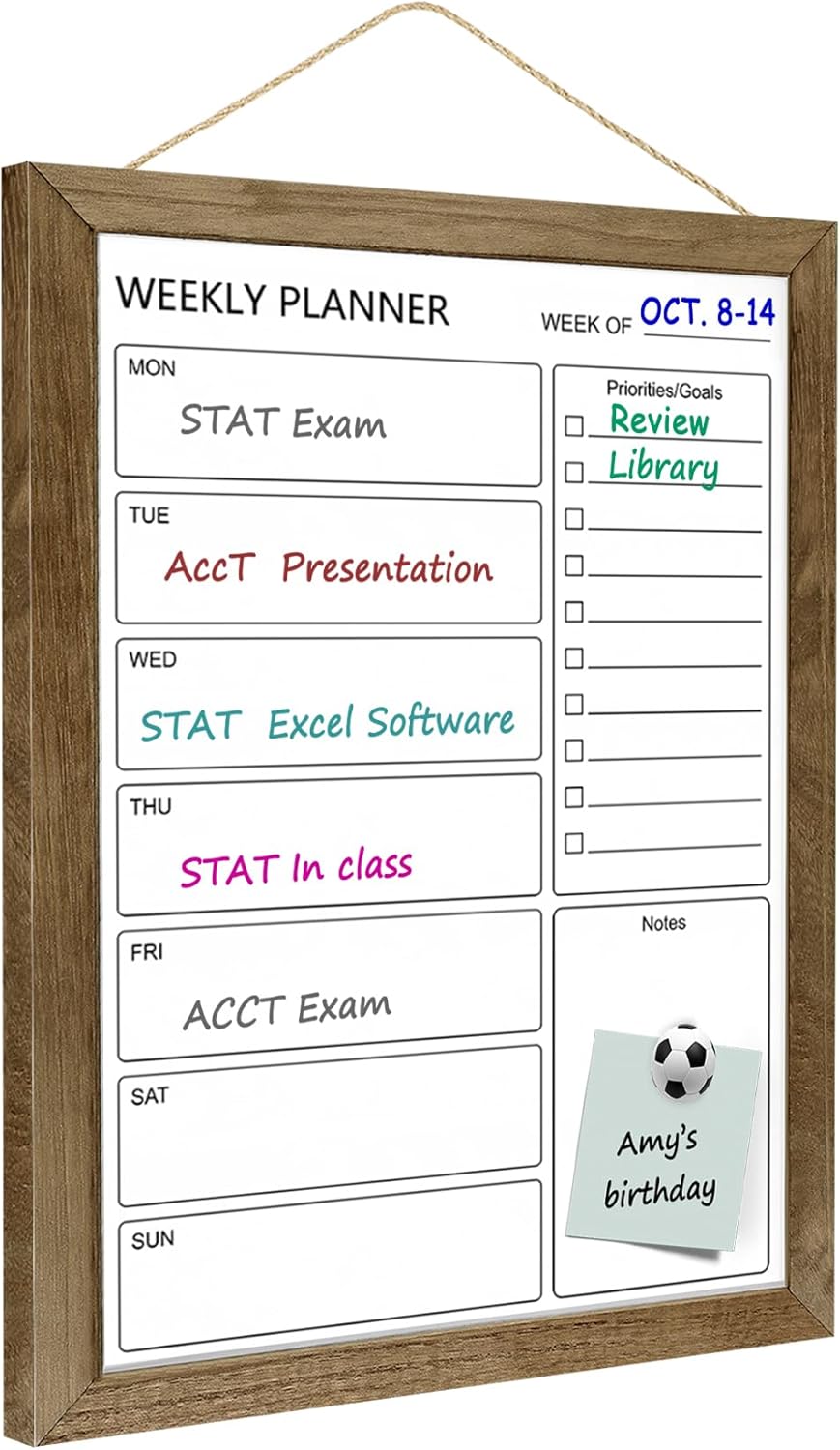 Dry Erase White Board Weekly Calendar Board, Magnetic Whiteboard for Wall,13“x17 Solid Wood Rustic Brown Framed Message Board, Planner Board for Office, Home, School(Weekly-BB-RB-3343)