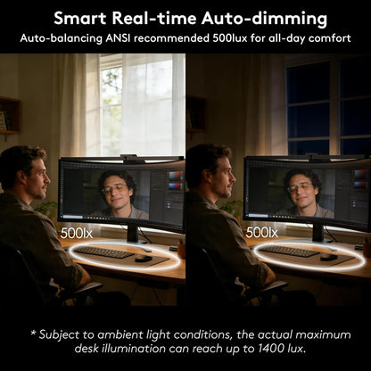 Quntis Curved Monitor Light Bar with Soft Backlight, Dual Curve-Matching Pivoting Arms for 1000R–3000R 34" Ultrawide Screens, 1400 Lux CRI 98 Eye Care Desk Light, Auto-Dimming & Remote for Home Office