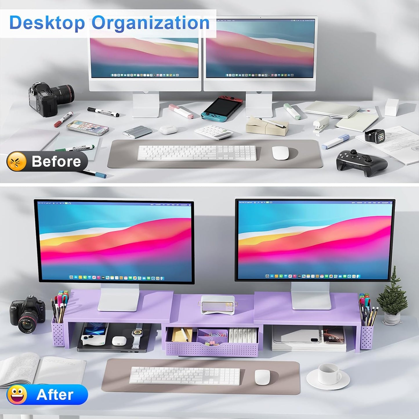 gianotter Dual Monitor Stand Riser, Desk Organizer With Drawer and 2 Pen Holders,Computer Monitor Stand, Desk Shelf for Top of Desk, Wood