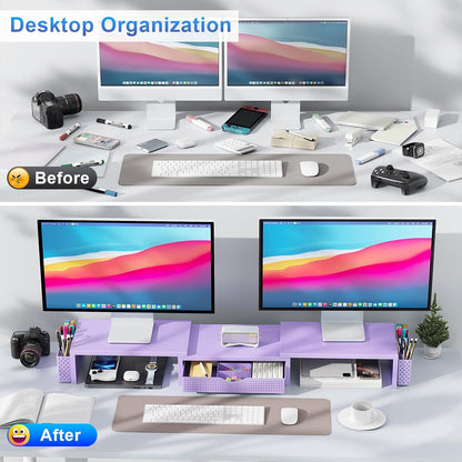 gianotter Dual Monitor Stand Riser, Desk Organizer With Drawer and 2 Pen Holders,Computer Monitor Stand, Desk Shelf for Top of Desk, Wood