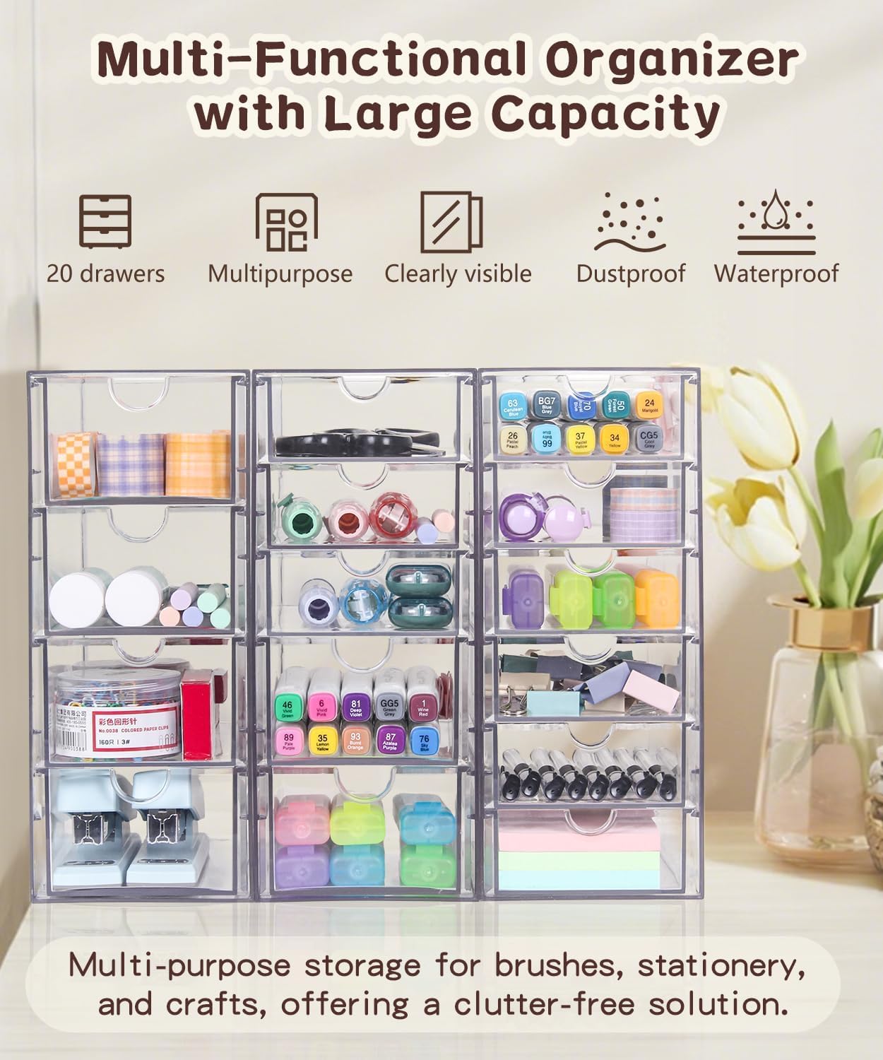 VZKAH Acrylic Organizer with Drawers | 20 Drawers 4 Sets | Desk Organizer and Storage, Clear Makeup Organization, For Office/Art Supply/Craft Storage and Organization