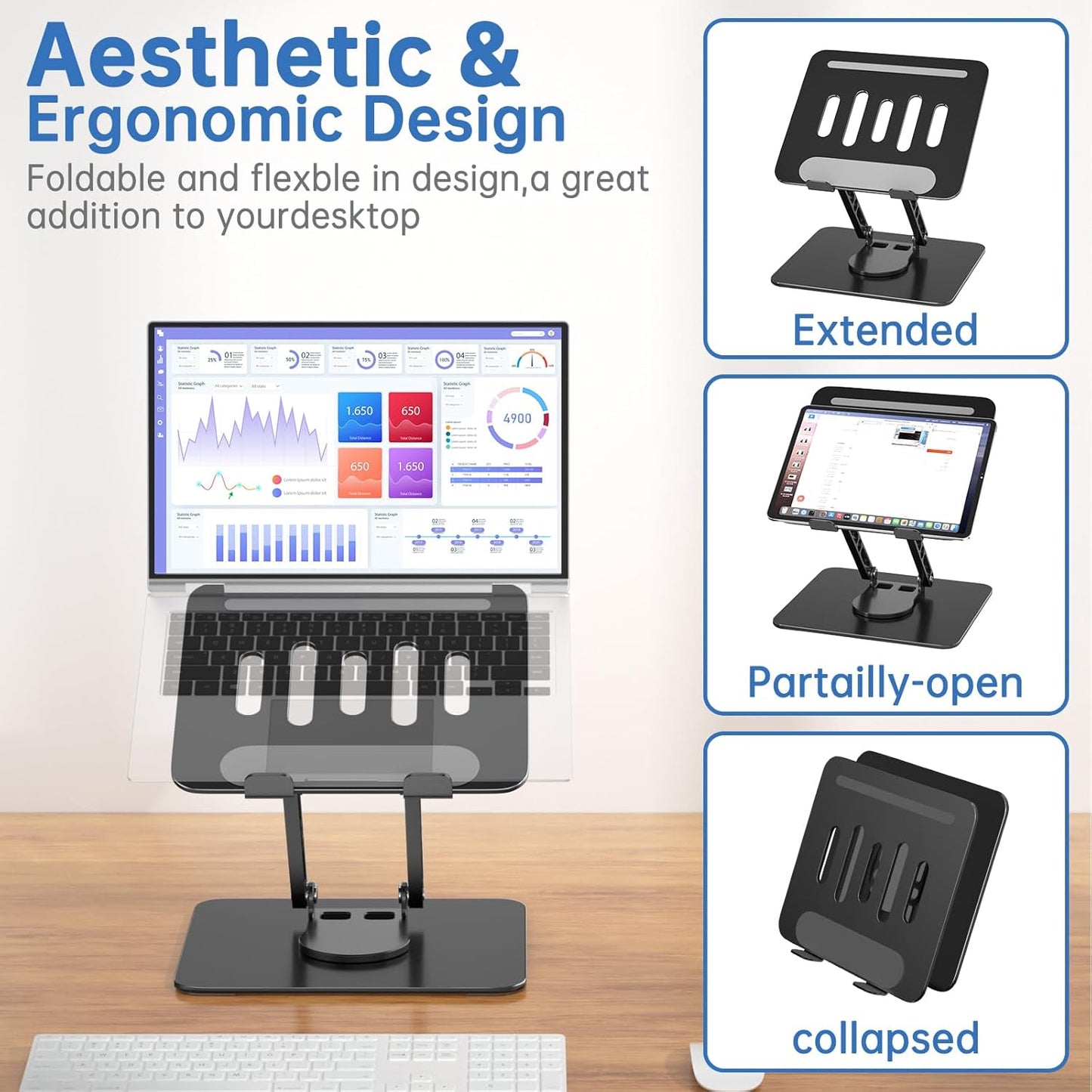 Laptop Stand for Desk Adjustable Computer Stand with 360 Rotating Base Ergonomic Laptop Riser Mount for Desk Foldable Protable Computer Desk Fits with MacBook Pro Air, Rectangle