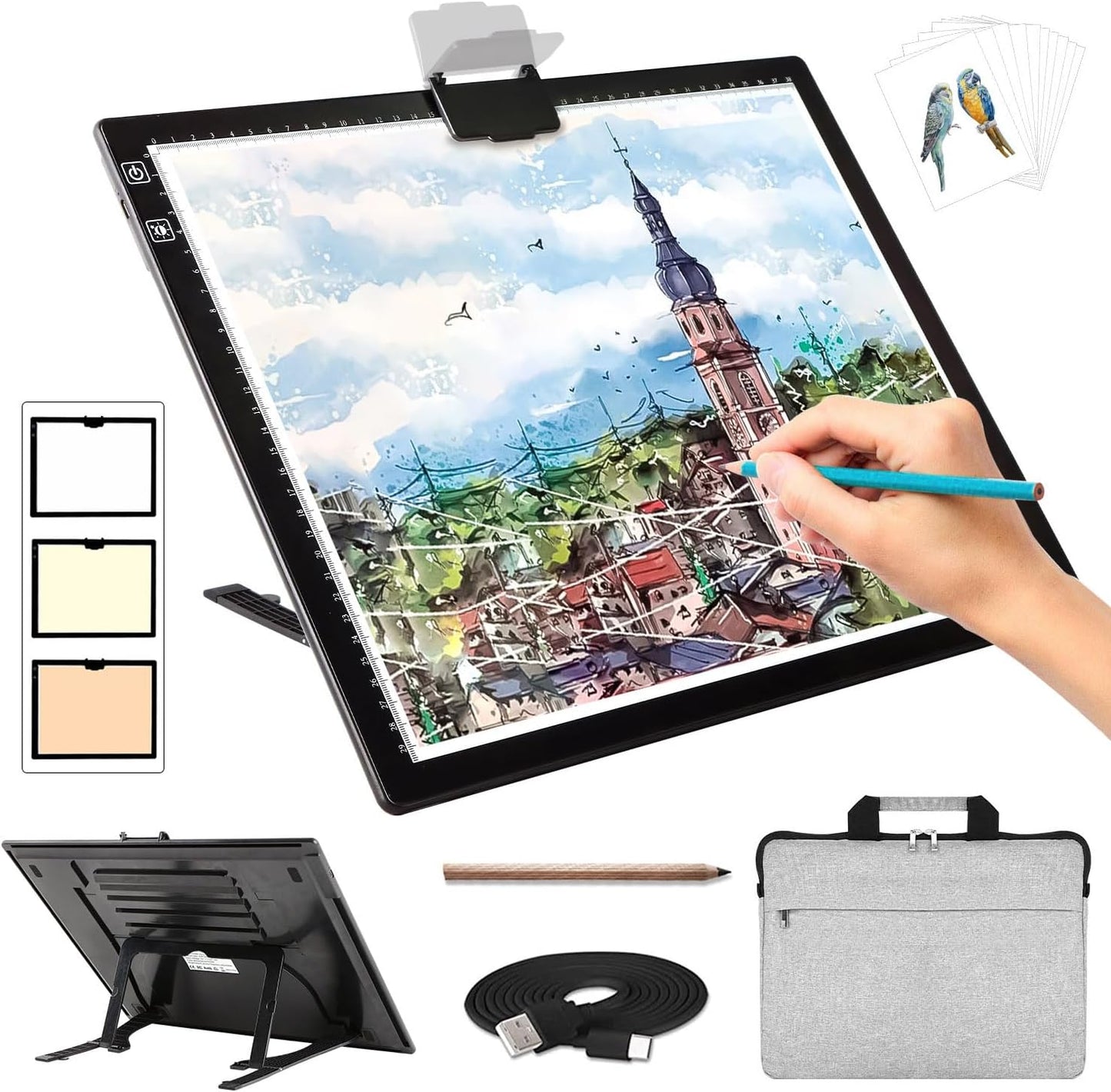 Rechargeable A4 Light Box with Padded Case,led Light pad with Built-in Stand & Clip,6 Levels of Brightness lightbox for tracing,Diamond Painting.Light Table for Artists,Drawing,Sketching,Animation