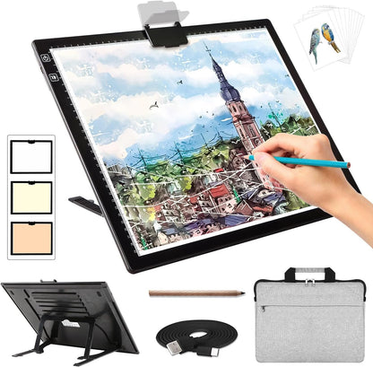 Rechargeable A4 Light Box with Padded Case,led Light pad with Built-in Stand & Clip,6 Levels of Brightness lightbox for tracing,Diamond Painting.Light Table for Artists,Drawing,Sketching,Animation