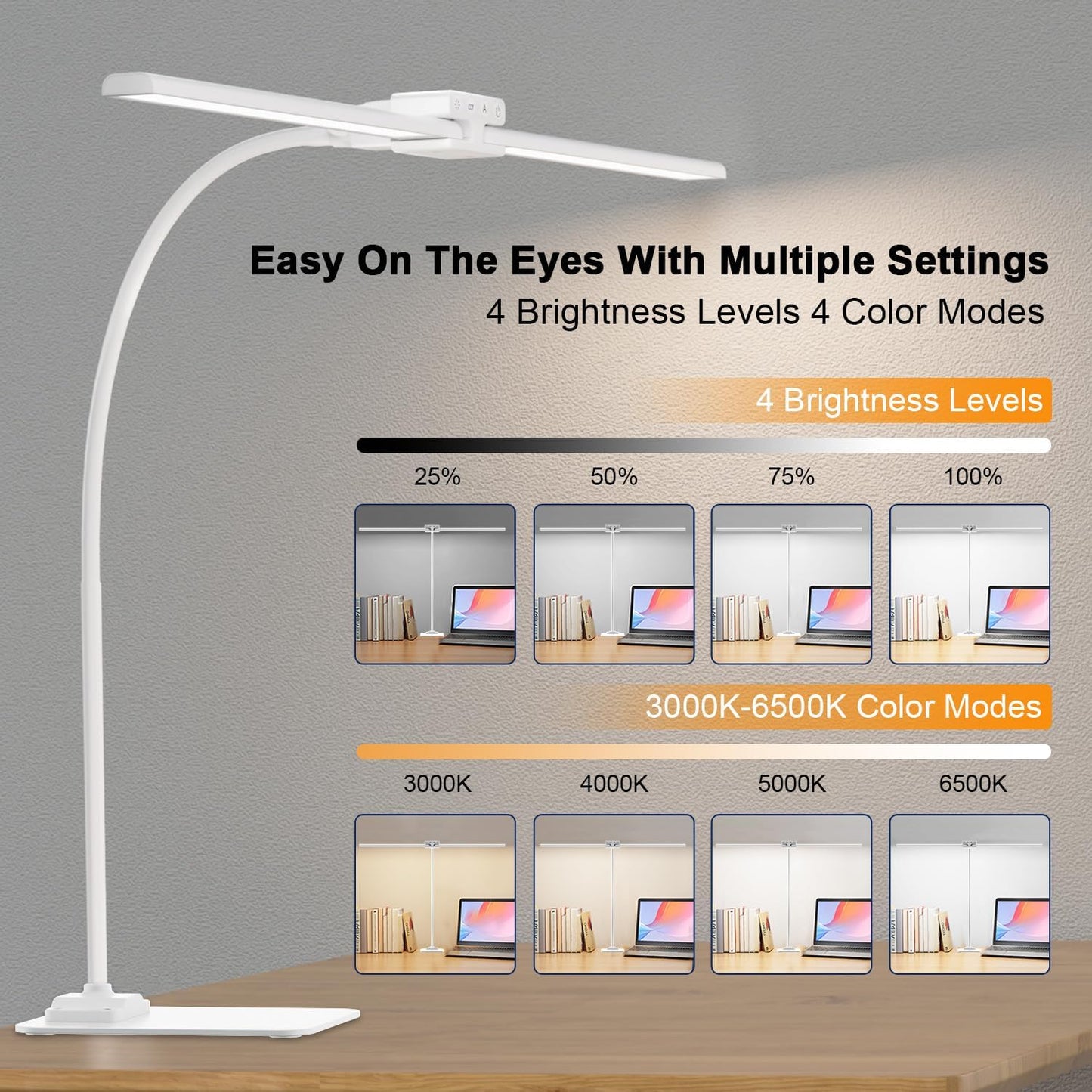 EppieBasic Desk Lamp,24W Led Desk Lamps with Clamp,Double Head Desk Light for Home Office, Architect Desktop Lamp Eye Care Workbench Office Table Light for Monitor Studio Reading