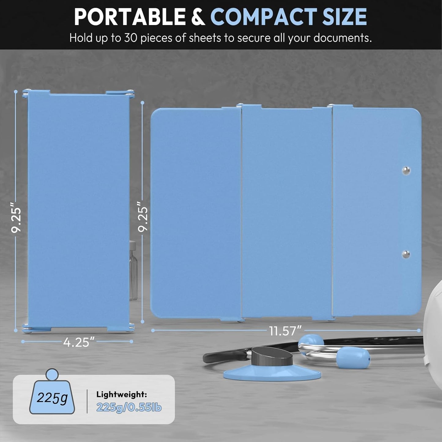 Nursing Clipboard Foldable, Foldable Clipboard w/Nursing Edition Cheat Charts,3 Layers Aluminum, Nurse Clip Board w/Low Profile Clip&Pen Clip Pocket for Nurses and Doctors,Light Blue