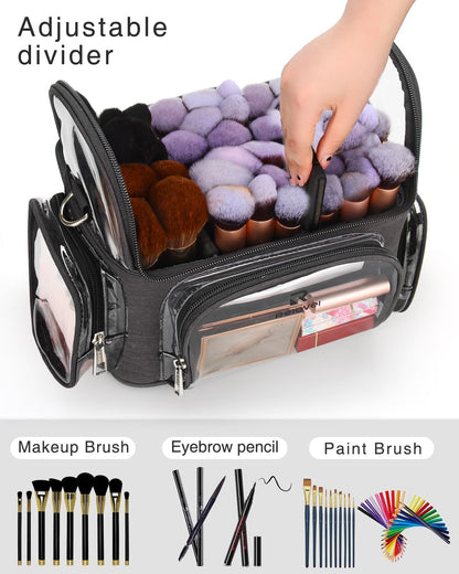 Makeup Brush Bag, Makeup Brush Holder Travel Stand-up Makeup Cup Large Makeup Brush Organizer Case Professional Cosmetic Bag Artist Storage Bag with Adjustable Divider (Large, Black)