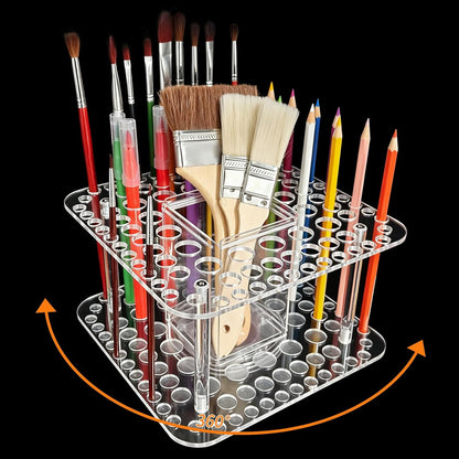 Rotating Paint Brush Holder 92 Holes and Large Compartment 360° Spinning Acrylic Paintbrush Holder Organizer Artist Brush Holder Watercolor Brush Stand Rack