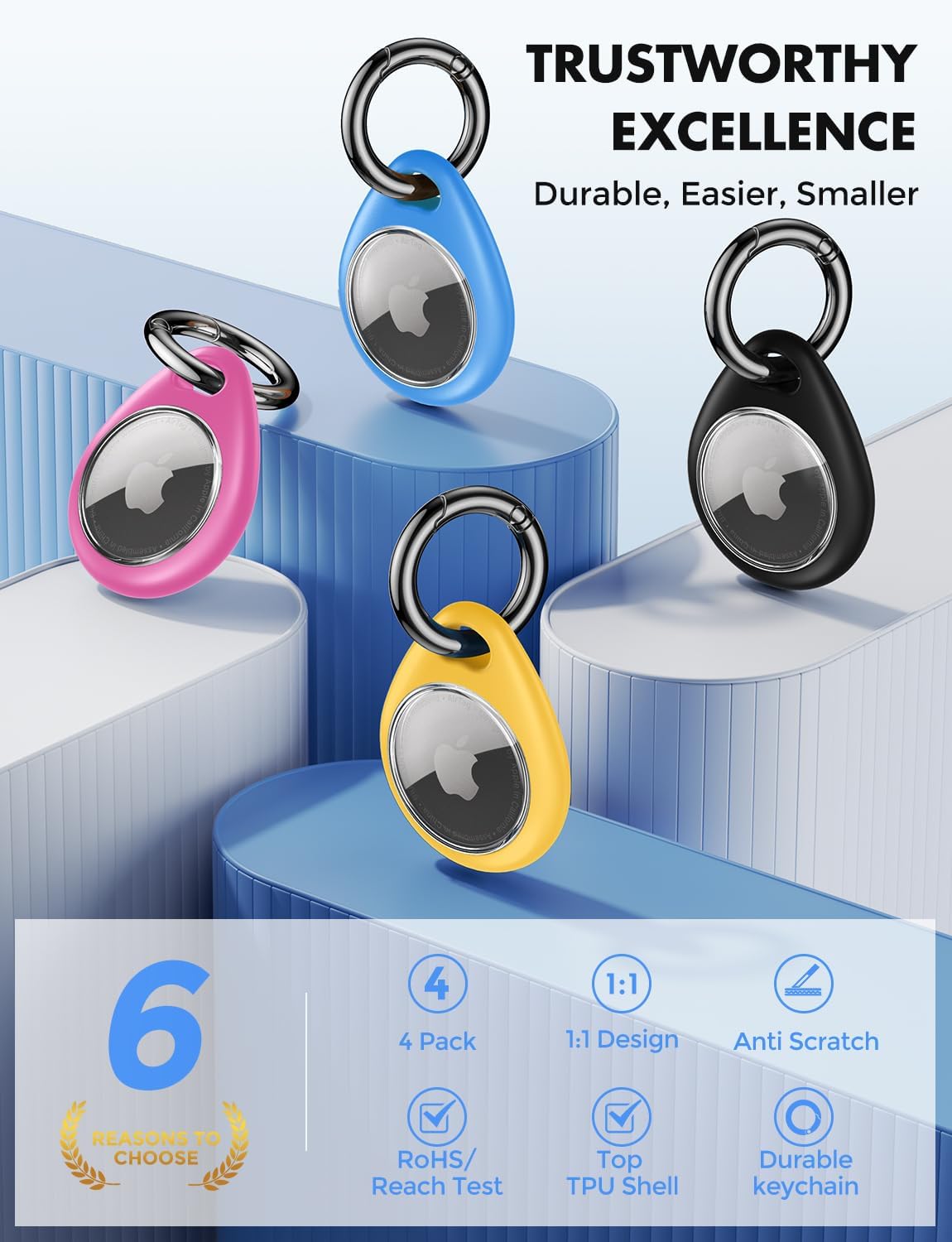 UNBREAKcable AirTag Holder for Apple - 4 Pack Air Tag Case [Fit Tightly Design] [Easy to Install] [Hold Securely] Waterproof TPU Protective Cover with Metal Keychain for Kids,Pet,Luggage,Backpack,Keys
