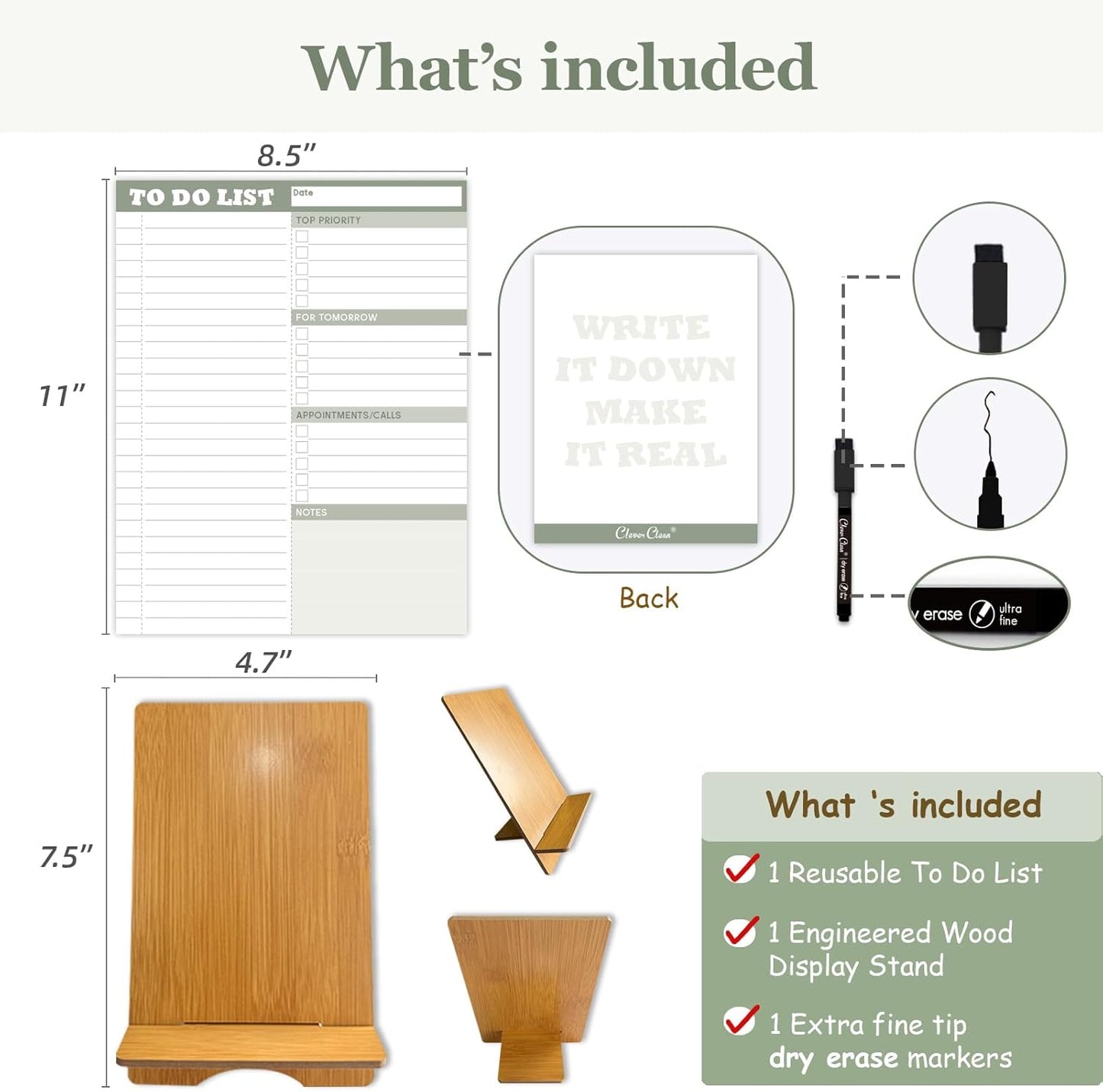 Dry Erase Desk Planning Board - Reusable Desktop Daily Planning Board, Work to-do List - 11"x8.5" Tabletop Dry Erase Board with Stand - Marker Included