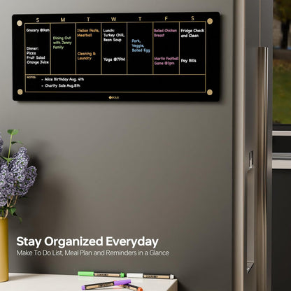 Glass Golden Weekly Dry Erase Calendar & Menu Whiteboard for Wall, Meal Planning & Grocery Shopping List White Board for Kitchen, 15x11, 7 Days Planner for Home, 4 Wet Erase Markers Included, Yeoux*