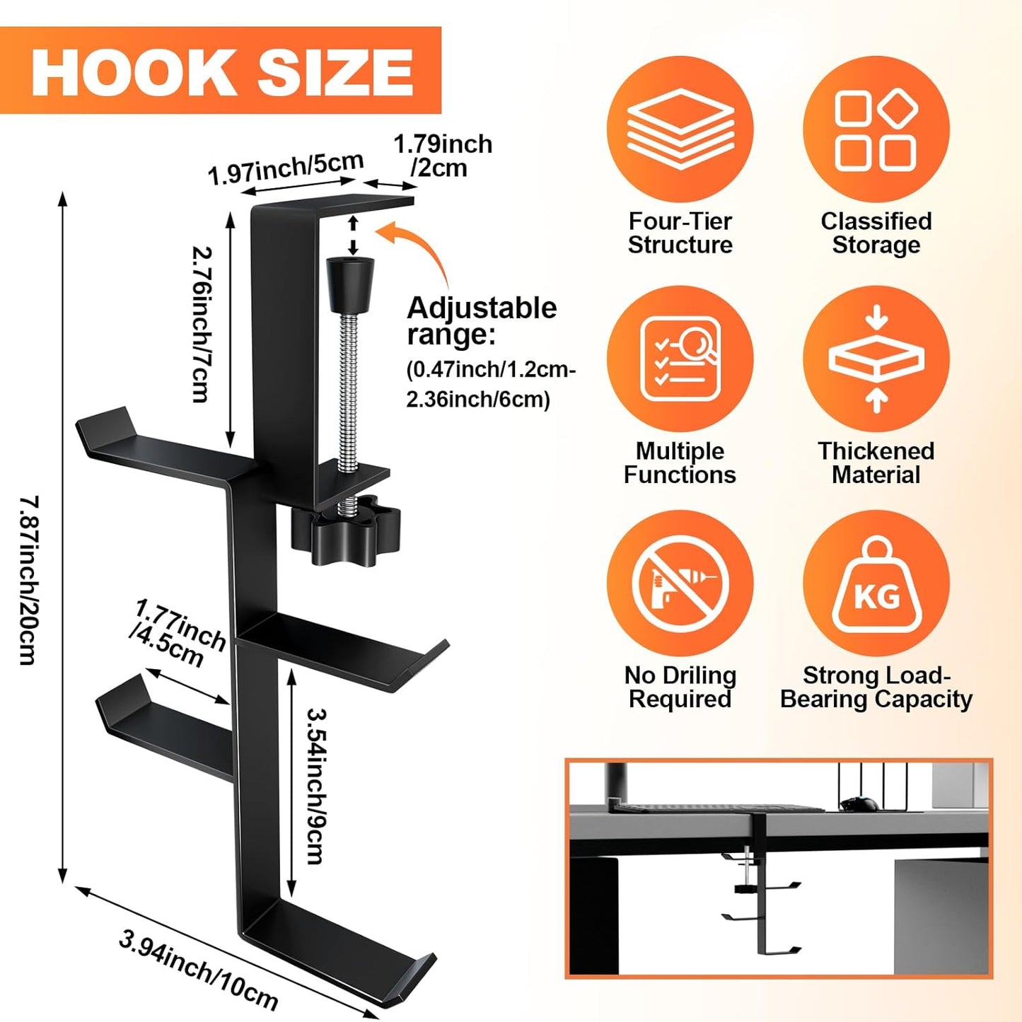 MorningRo 4 Tier Desk Hook, Under Desk Handbag Hanger Purse Hook for Table,Backpack Hanger Purse Holder for Desk Mount Adjustable Can Hook Bags, Umbrellas, Keys,Cups, Headphone Holder