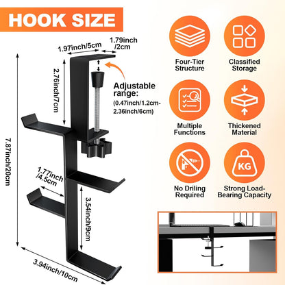MorningRo 4 Tier Desk Hook, Under Desk Handbag Hanger Purse Hook for Table,Backpack Hanger Purse Holder for Desk Mount Adjustable Can Hook Bags, Umbrellas, Keys,Cups, Headphone Holder