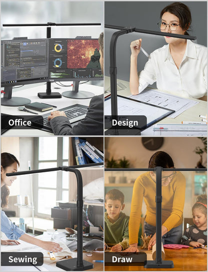 AKRRYR LED Desk Lamp for Home Office, Double Head 24W with Base, Architect Light 5 Lighting Brightness Flexible Gooseneck Table Reading Study, Black