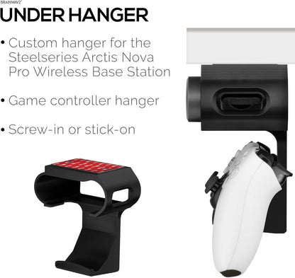 Under Desk Headphone Hanger Stand for Steelseries Arctis Nova Pro Wireless Headsets with Dock for the Wireless Base Station by Brainwavz (HPS02)