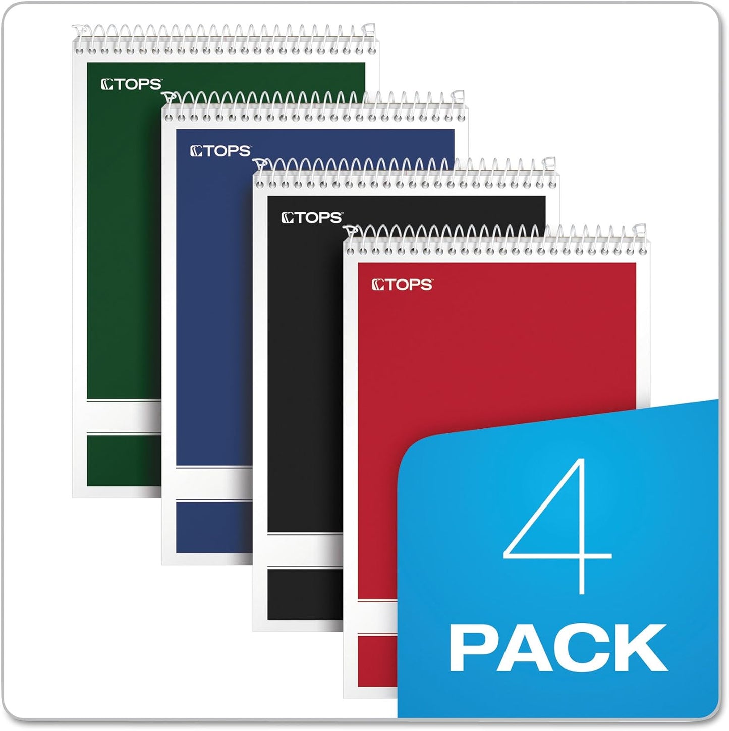 TOPS Steno Pads 4 Pack, 6" x 9" Spiral Steno Notebooks, Gregg Rule for lists, 80 Sheets Each, White Paper, Assorted Covers, Take Notes for School, College, Work, Office (80220)