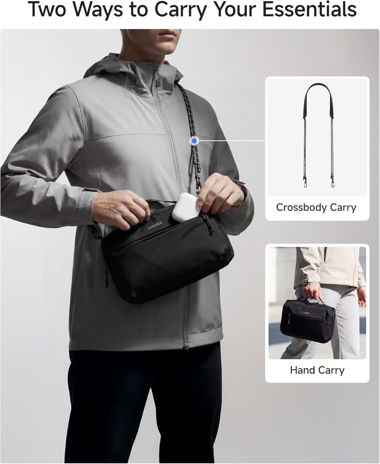 LUGGEX Large All-in-One Tech Pouch, CBX01 Cable Organizer Bag with Removable Crossbody Strap, Double Accessories Bag & Water Resistant for Kindle, Chargers, Cord, Earphone for Travel Office, Black