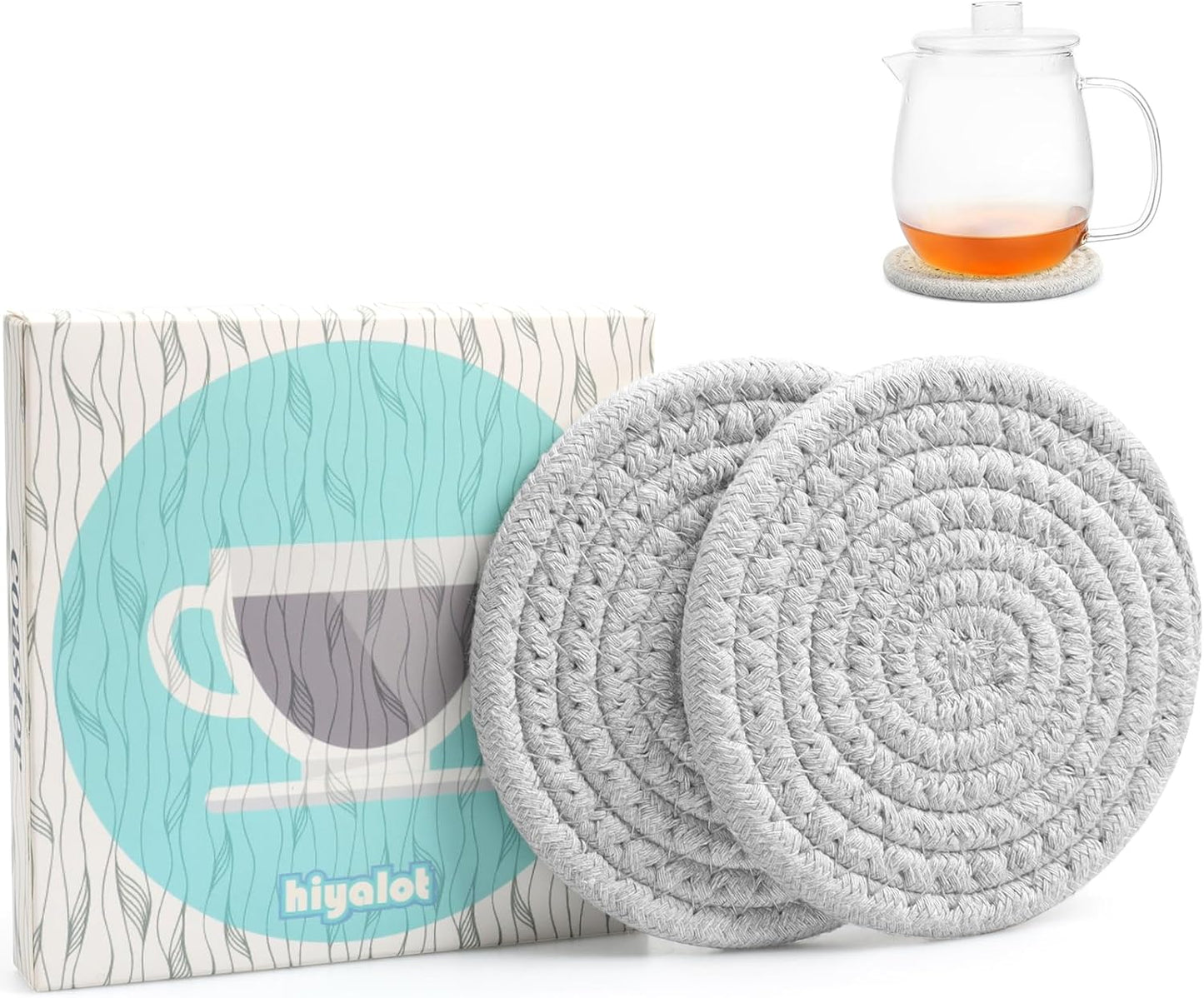 4.8" Drink Cotton Coasters Set of 2 – Boho Woven Drink Pads for Coffee & Tea, Neutral Sandstone Blend Fabric Cup Mats for Desk, Table, Nightstand, Dorm, Giftable Absorbent Coaster Set (Latte)